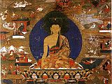 British Museum Top 20 Buddhism 15-1 Buddha With Scenes Of His Former Lives Tangka 15. Shakyamuni Buddha With Scenes Of His Former Lives Tangka  Tibet, around 1600, 71 x 48 cm. The British Museum has many artifacts that are not on display, like this one. Seated slightly higher than midway, Shakyamuni Buddha is shown in his normal earth witness mudra. Starting at the top left corner are ten of his former lives, or jatakas: Skuddabodhi, Mahahamsa, Mahabodhi, Great Ape, Skarabha Deer, Ruru Deer, Monkey King, Kshantivada, Brahma, and White Elephant. Photo  Marilyn Rhie and Robert Thurman: The Sacred Art Of Tibet.